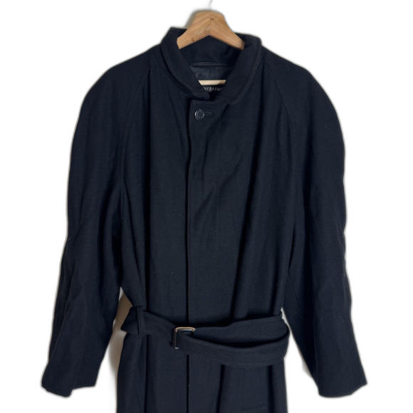 Jhane Barnes Coat Mens Small Black Belted Long Overcoat Wool Blend Minimalist - Picture 2 of 11